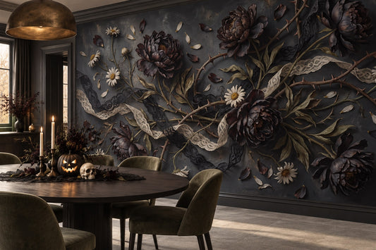 Black Roses Daisies and Thorny Branches Halloween Wallpaper Mural - image 1