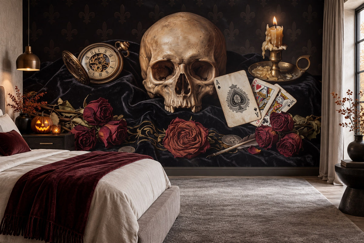Skull Pocket Watch Candles Cards and Roses Halloween Wallpaper Mural - image 3
