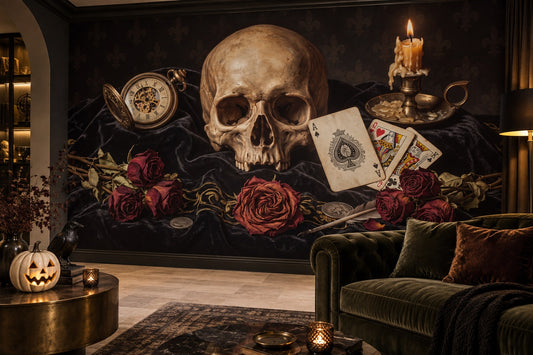 Skull Pocket Watch Candles Cards and Roses Halloween Wallpaper Mural - image 1