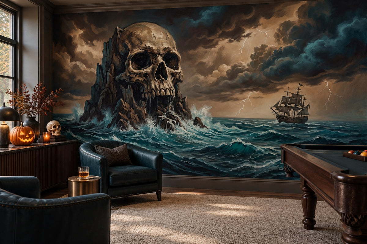 Skull Island Stormy Sea and Ship Halloween Wallpaper Mural - image 3
