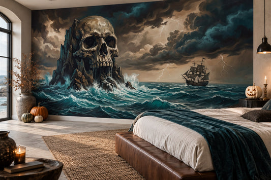 Skull Island Stormy Sea and Ship Halloween Wallpaper Mural - image 1