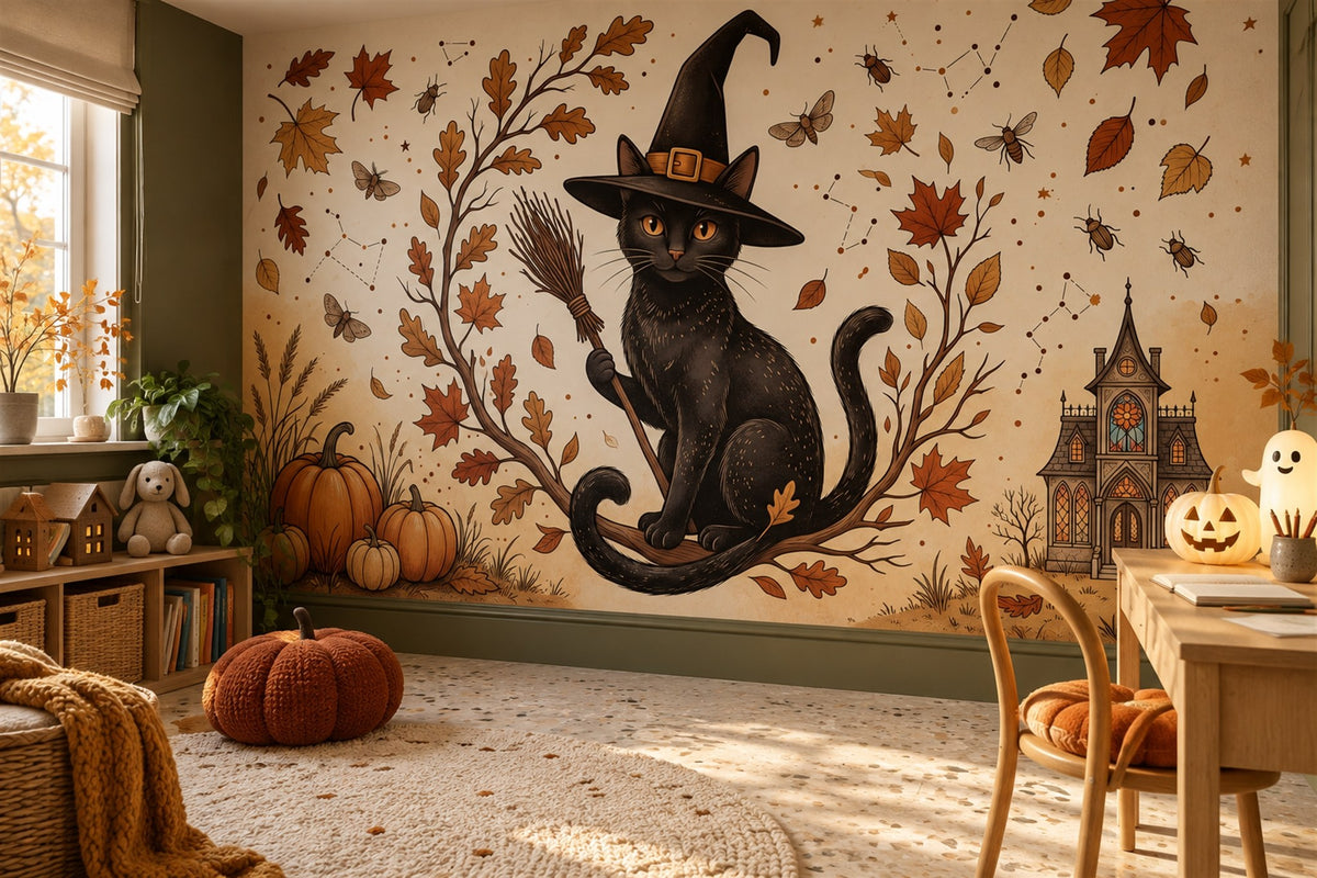 Black Cat Witch Hat Pumpkins and Autumn Branches Halloween Wallpaper Mural - image 3