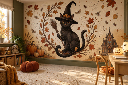 Black Cat Witch Hat Pumpkins and Autumn Branches Halloween Wallpaper Mural - image 3