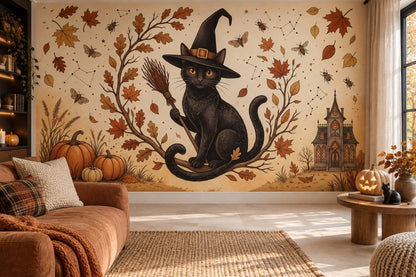 Black Cat Witch Hat Pumpkins and Autumn Branches Halloween Wallpaper Mural - image 4