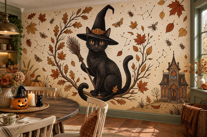 Black Cat Witch Hat Pumpkins and Autumn Branches Halloween Wallpaper Mural - image 1