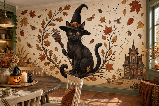 Black Cat Witch Hat Pumpkins and Autumn Branches Halloween Wallpaper Mural - image 1