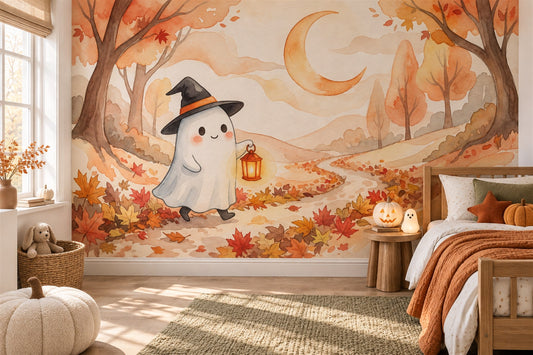 Ghost Carrying Lantern On Autumn Path Halloween Wallpaper Mural - image 1