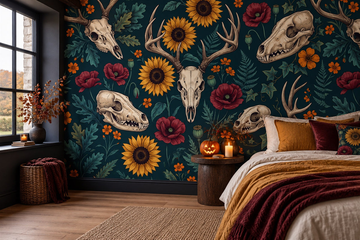 Animal Skulls Antlers Sunflowers and Poppies Halloween Wallpaper Mural - image 3