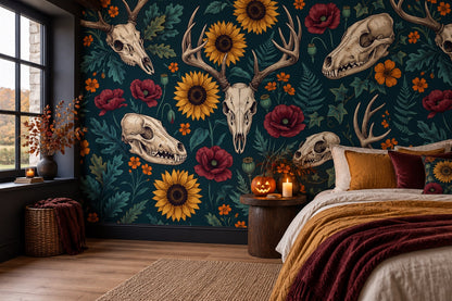 Animal Skulls Antlers Sunflowers and Poppies Halloween Wallpaper Mural - image 3