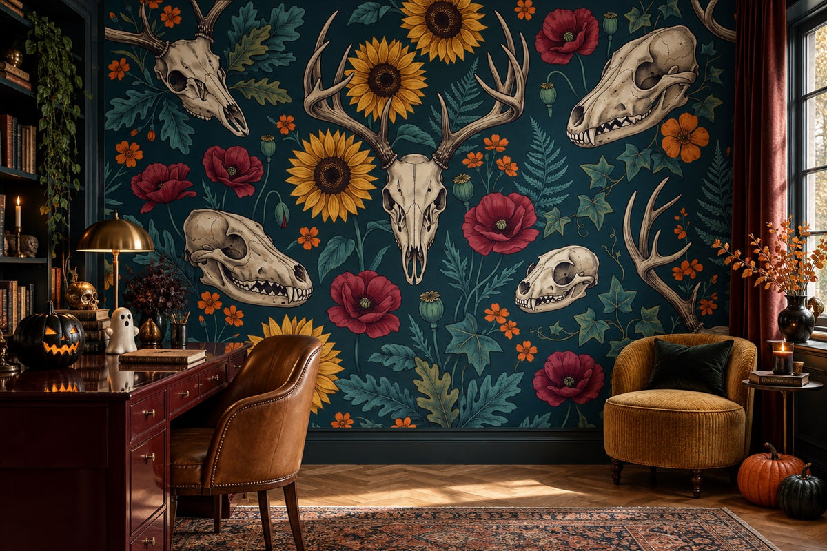 Animal Skulls Antlers Sunflowers and Poppies Halloween Wallpaper Mural - image 4
