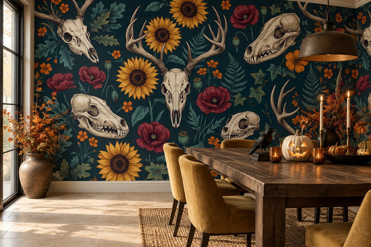 Animal Skulls Antlers Sunflowers and Poppies Halloween Wallpaper Mural - image 1