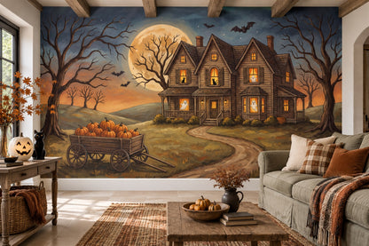 Haunted Farmhouse Pumpkin Cart and Moon Halloween Wallpaper Mural - image 3