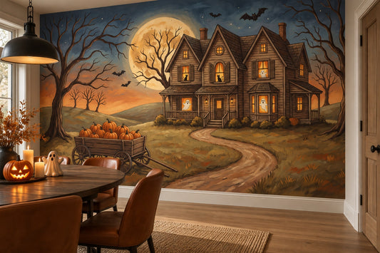 Haunted Farmhouse Pumpkin Cart and Moon Halloween Wallpaper Mural - image 1