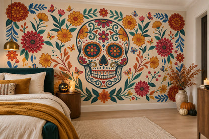 Colourful Floral Sugar Skull Halloween Wallpaper Mural - image 3