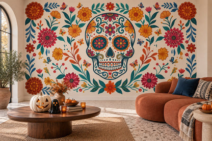Colourful Floral Sugar Skull Halloween Wallpaper Mural - image 4