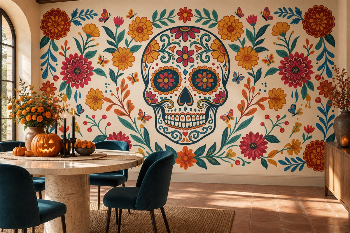 Colourful Floral Sugar Skull Halloween Wallpaper Mural - image 1