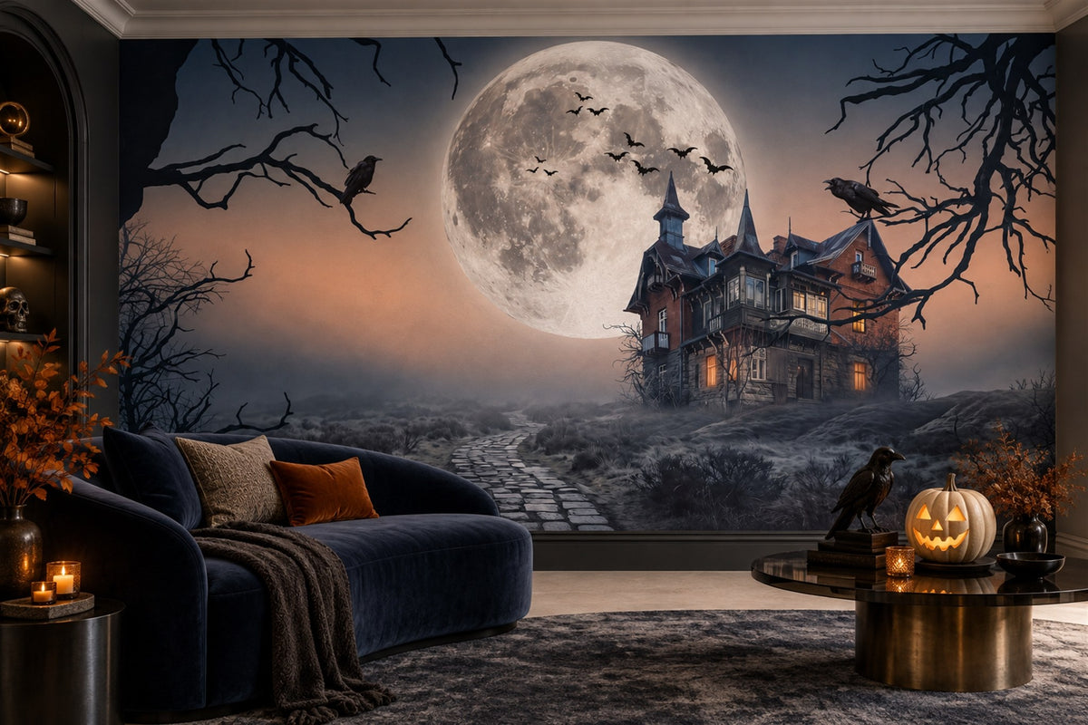 Haunted Mansion Beneath Huge Full Moon Halloween Wallpaper Mural - image 3