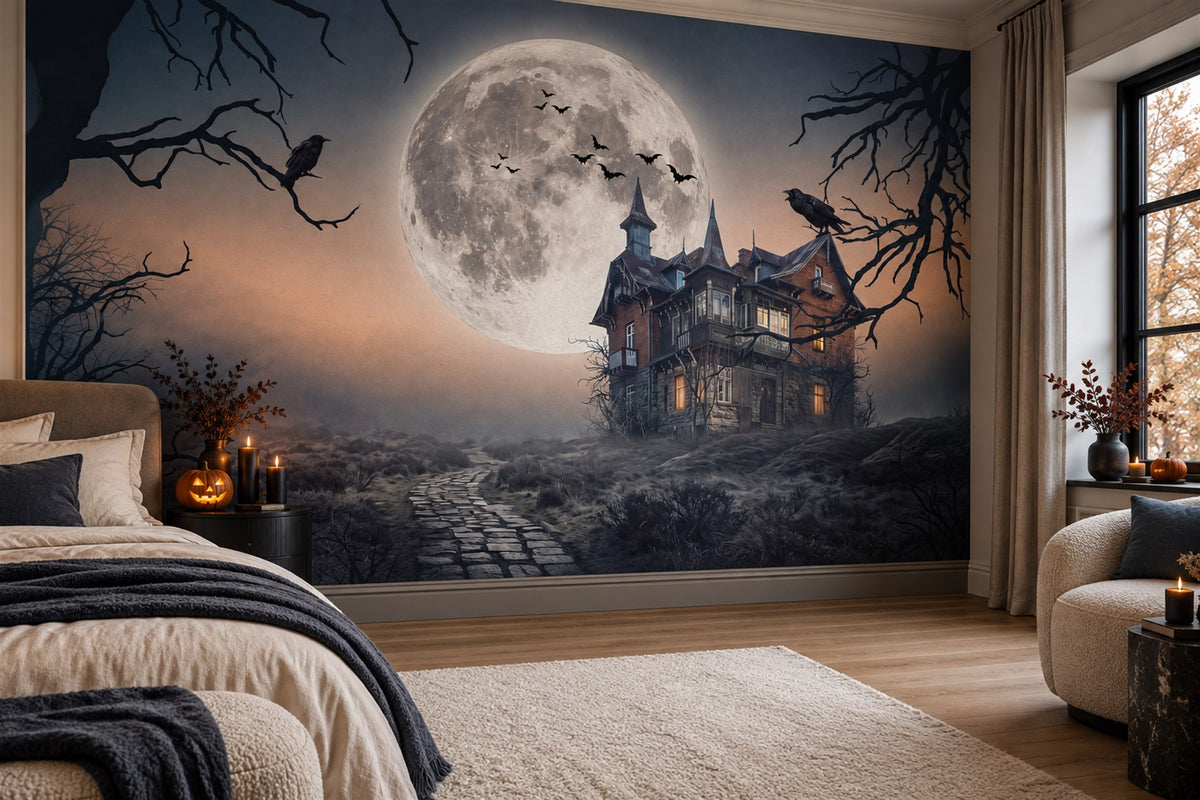 Haunted Mansion Beneath Huge Full Moon Halloween Wallpaper Mural - image 1