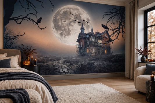 Haunted Mansion Beneath Huge Full Moon Halloween Wallpaper Mural - image 1