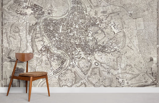 Vintage Monochrome City Map Mural Wallpaper