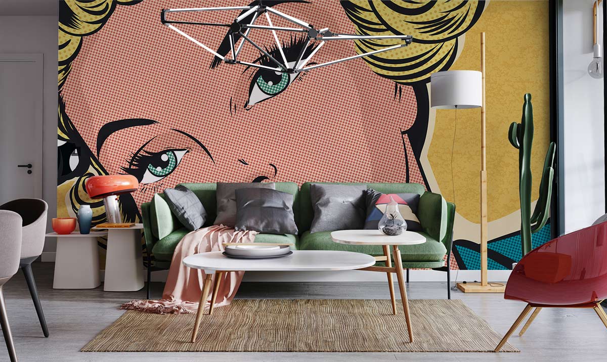 Vintage Pop Art Portrait Mural Wallpaper in living room