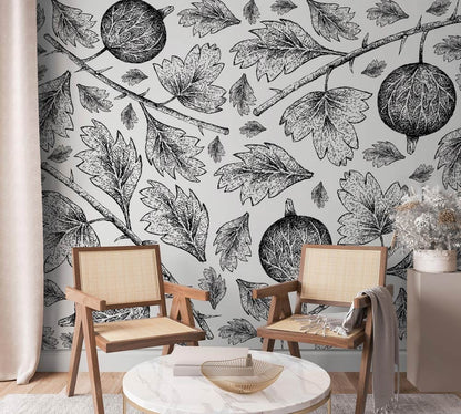 Living room wallpaper with a distinctive leaf and fruit pattern