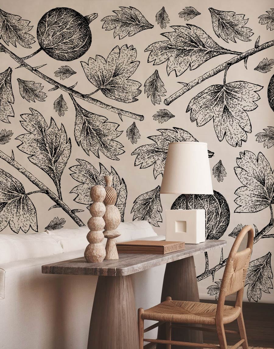 Botanical Sketch Black and White Mural Wallpaper