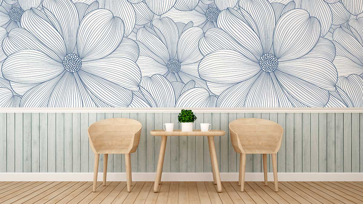 Blue Floral Sketch Modern Mural Wallpaper