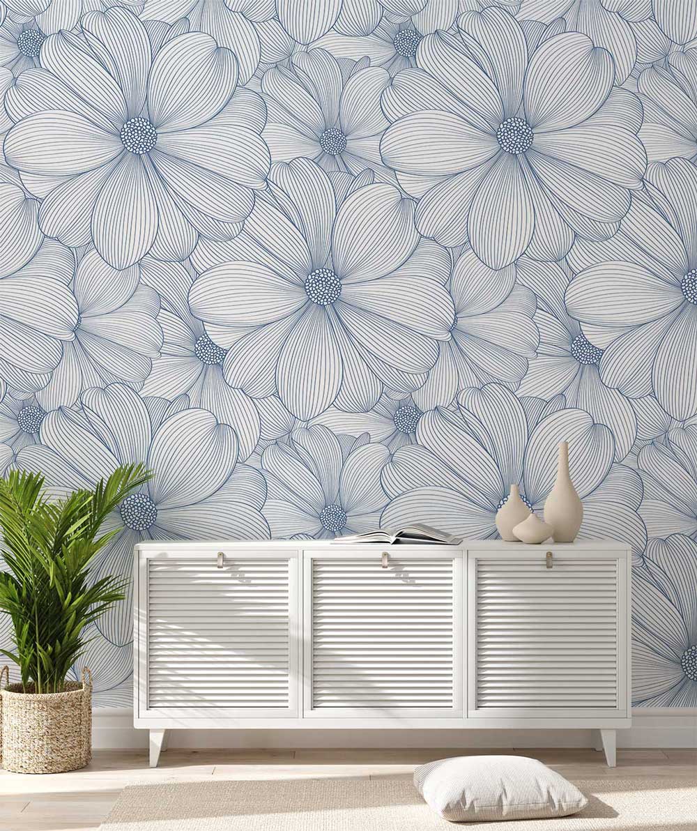 Blue Floral Sketch Modern Mural Wallpaper