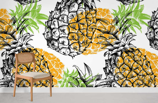 Tropical Pineapple Sketch Mural Wallpaper