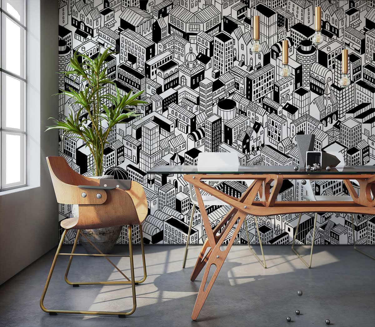 Modern Abstract Cityscape Black White Mural Wallpaper