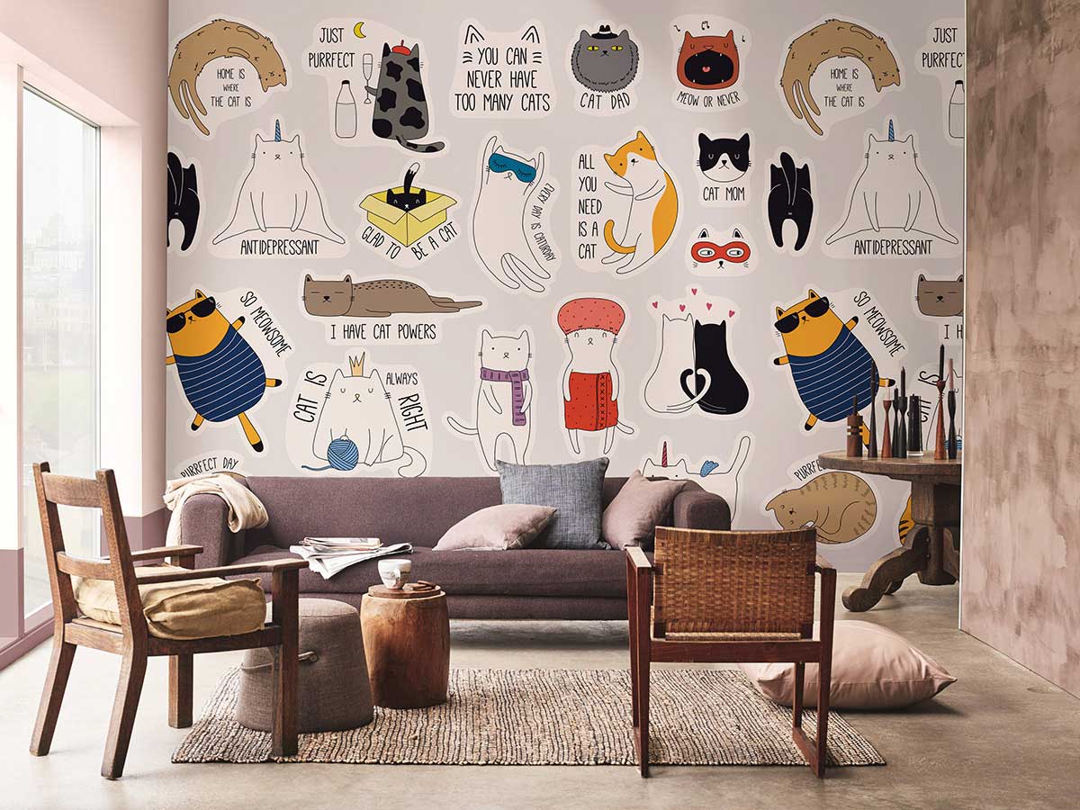 Colorful Funky Cat Cartoon Mural Wallpaper