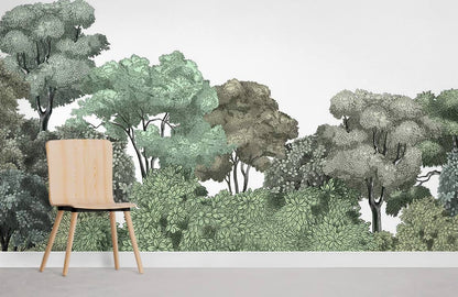 Chair against Serene Forest Green Canopy mural wallpaper in living room with wooden flooring.