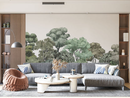 Serene Forest Green Canopy Mural Wallpaper in lounge; grey sofa, wooden shelves, modern lighting.