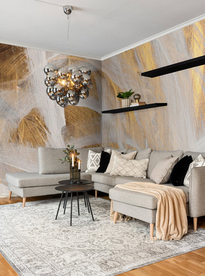 Golden Brushstroke Mural Wallpaper in living room