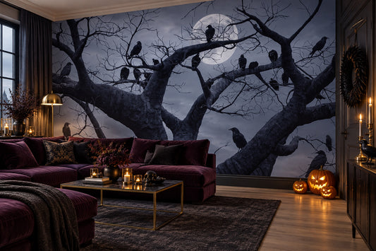 Crows On Bare Moonlit Tree Halloween Wallpaper Mural - image 1