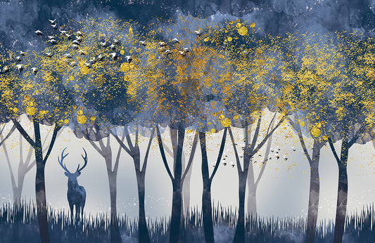 Enchanted Forest Deer Silhouette Mural Wallpaper