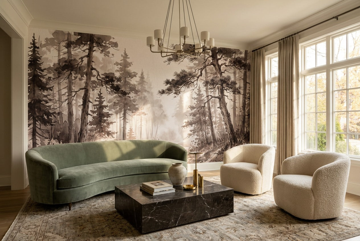 Brown Ink Pine Forest Wallpaper Mural room scene