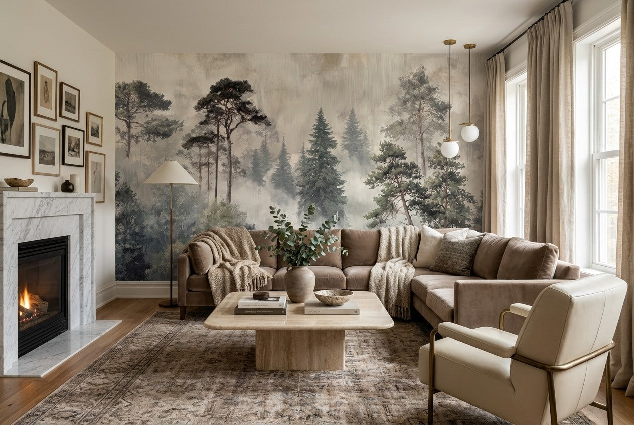 Misty Gray Woodland Pine Tree Wallpaper Mural room scene