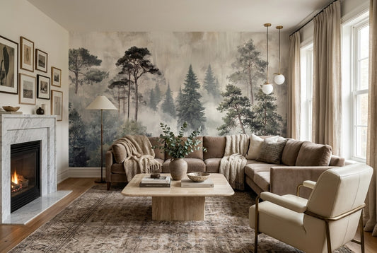 Misty Gray Woodland Pine Tree Wallpaper Mural room scene