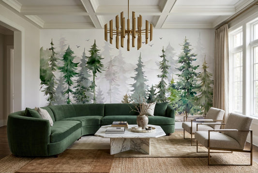 Fresh Green Watercolor Pine Tree Wallpaper Mural room scene