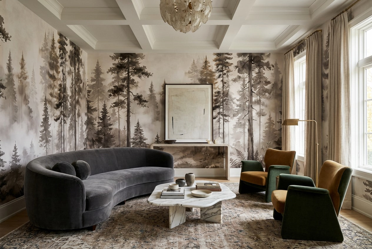 Taupe Minimal Pine Forest Wallpaper Mural room scene