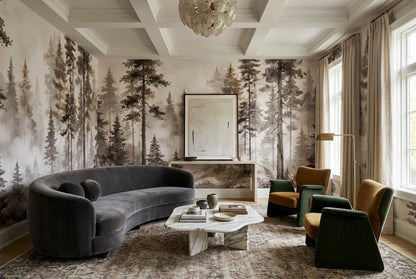 Taupe Minimal Pine Forest Wallpaper Mural room scene