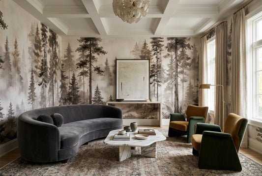 Taupe Minimal Pine Forest Wallpaper Mural room scene