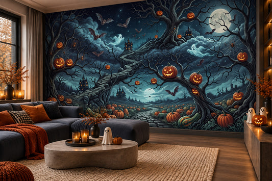 Twisted Pumpkin Trees and Moonlit Path Halloween Wallpaper Mural - image 1