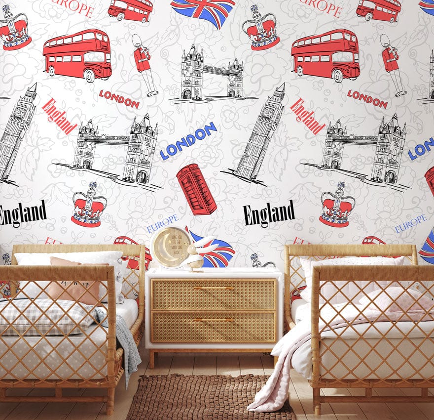 Vintage London Landmarks Illustration Mural Wallpaper