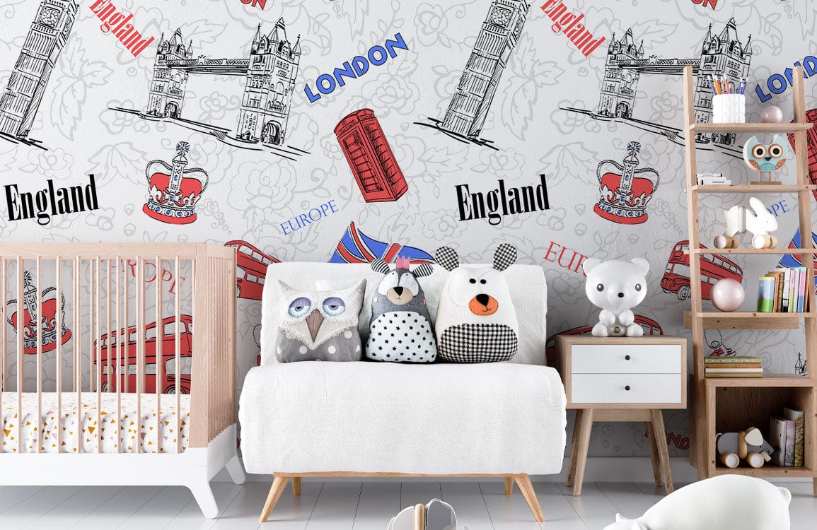 Vintage London Landmarks Illustration Mural Wallpaper