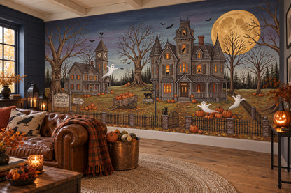 Haunted Houses Ghosts Pumpkins and Full Moon Halloween Wallpaper Mural - image 4