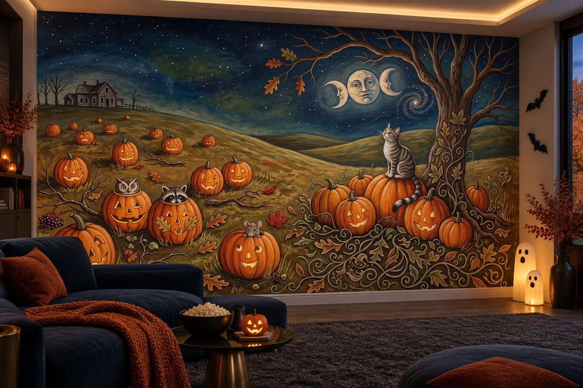 Pumpkin Field Cat Moon and Haunted House Halloween Wallpaper Mural - image 3