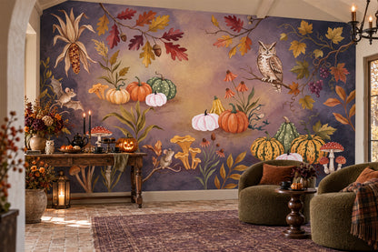 Owl Pumpkins Mushrooms and Autumn Leaves Halloween Wallpaper Mural - image 4